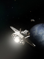 Spaceships Passing on Planetary Approach - science fiction illustration © Algol