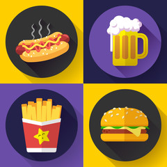 Set of fast food menu and beer icons. Flat design style.