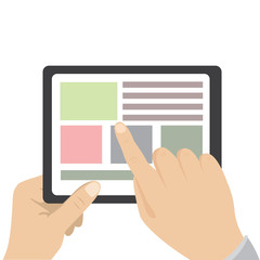 Hand touching blank screen of tablet computer.