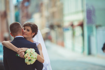 Happy bride and groom on their wedding day
