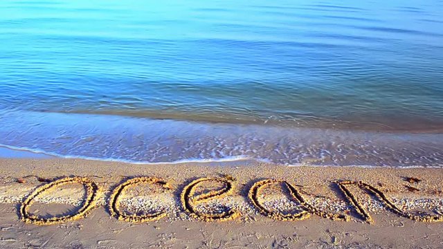 Inscription the ocean on the beach on sand.