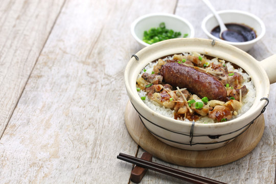 Chinese Sausage And Chicken With Rice In Clay Pot, Cantonese Food