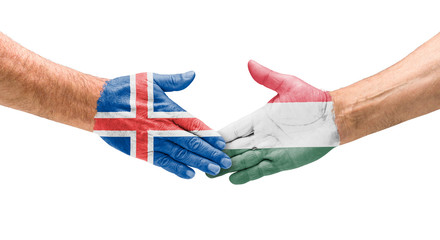 Fußballmannschaften - Handshake zwischen Island und Ungarn