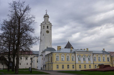 Fototapeta premium Belfry with clock in Kremlin. Velikiy Novgorod. Russia.