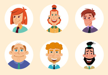 Set of diverse round avatars isolated on white background. Different nationalities, clothes and hair styles.