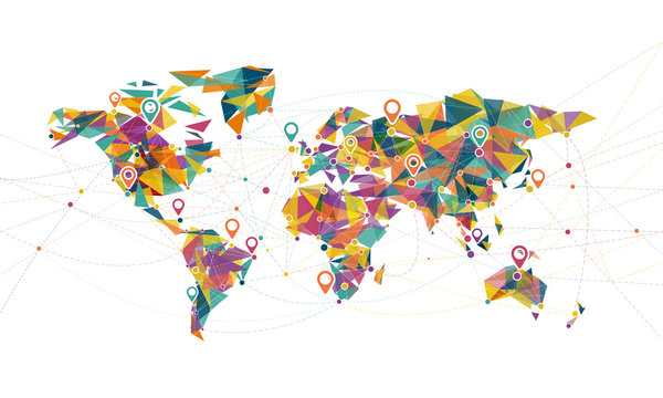 world map mesh connecting global concept with colorful triangle, geometric and dots line, vector illustration