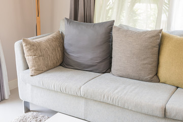 modern sofa and pillows in living room