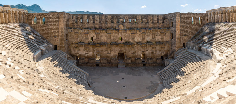 Theatre of Aspendos, Antalya province, Turkey. Full amphitheatre top-down view from central vantage point.