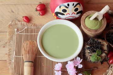 Japanese matcha green tea and green tea powder.