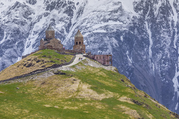 Georgia, Stepantsminda-Sameba. Ancient Gergeti Trinity Church hi