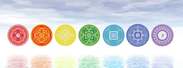 Seven chakra symbols line - 3D render - obrazy, fototapety, plakaty