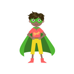 Kid In Superhero Costume With Green Cape