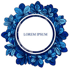 Vector round frame with blue summer flowers. Wedding invitation. Modern template.