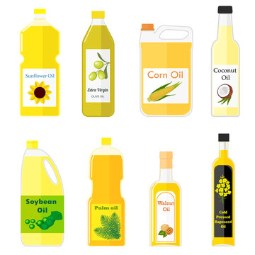 Vector set of pictures of different types of oil for cooking. Colorful illustration in flat style. Group bottles of oil for frying