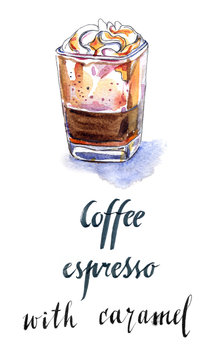 Glass of coffee espresso with caramel