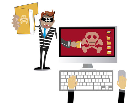 Pictured is a Hacker with gum in the eyes, and shredded files suit making a computer and stored in your folder, inside the computer there is a calabera, symbolizing the hacker attack