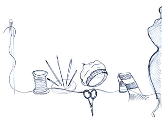 Mannequin, needles, spool of thread, beret, scarf, scissors and