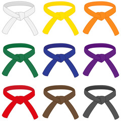 Martial arts belts with different rank colors. Karate, Taekwondo, judo, jujitsu, kickboxing, or kung fu belts. Vector illustration set © stockakia