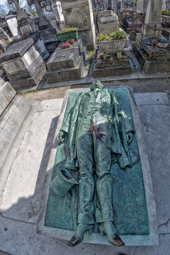PARIS, FRANCE - MAY 2, 2016: Victor Noir grave in Pere-Lachaise cemetery homeopaty founder
