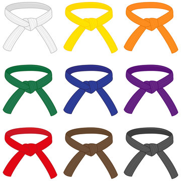 Martial arts belts with different rank colors. Karate, Taekwondo, judo, jujitsu, kickboxing, or kung fu belts. Vector illustration set