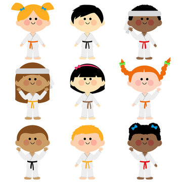 Children in martial arts uniforms. Karate, taekwondo, judo, jujitsu, kickboxing, or kung fu suits. Vector illustration set