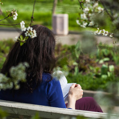 Girl reading book on a bench in the spring