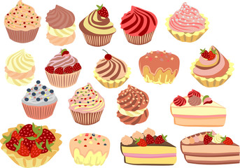 Vector set of cakes, cupcakes and cakes.