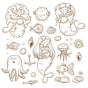 Cartoon marine set. Cute sea  animals: octopus, jellyfish, fish and mermaids. Underwater world. Children's illustration. Transparent background. Contour image. Vector image.
