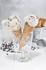Chocolate chip ice cream cones.