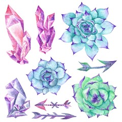 Set of Boho Style Watercolor Sukkulents, Crystals and Arrows 
