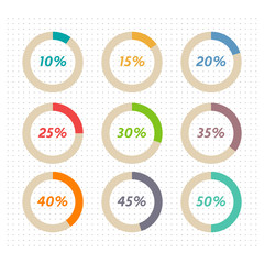 Infographics vector: 10%, 15%, 20%, 25%, 30%, 35%,  40%, 45%,  50%  colorful pie charts on dotted background