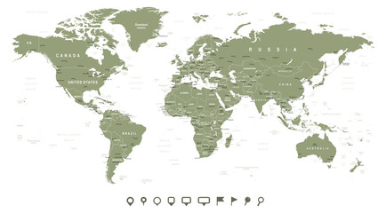 Fototapeta premium Swamp Green World Map and navigation icons - illustrationHighly detailed world map: countries, cities, water objects
