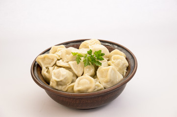 Traditional Russian meat food on white and blue background