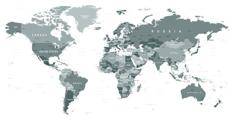 Naklejka premium Mapa świata w skali szarości - granice, kraje i miasta - ilustracja Bardzo szczegółowe szary wektor ilustracja mapy świata.