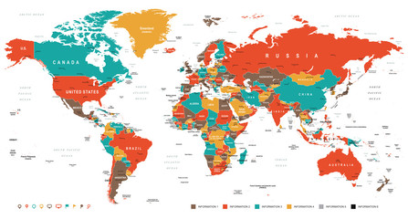 Obraz premium Zielona Czerwona Żółta Brązowa Mapa Świata - granice, kraje i miasta - ilustracja Bardzo szczegółowe kolorowych ilustracji wektorowych mapy świata.