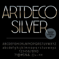 Vector set of perfect silver alphabet letters, numbers and punctuation symbols. Art Deco slim style