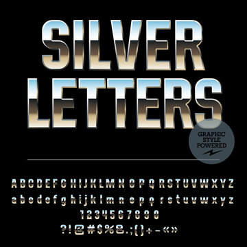 Vector set of glossy silver alphabet letters, numbers and punctuation symbols. Condense style