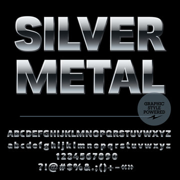 Vector set of luxury silver alphabet letters, numbers and punctuation symbols. Compact ultra bold style