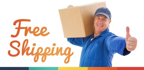 Composite image of happy delivery man holding cardboard box