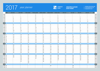 Yearly Wall Calendar Planner Template for 2017 Year. Vector Design Print Template. Week Starts Monday