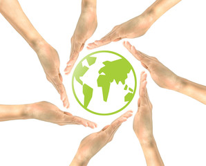  Green icon planet earth in the hands of the people