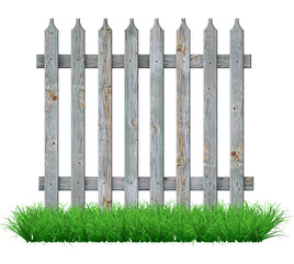 Fototapeta premium Old gray wooden fence on the lawn