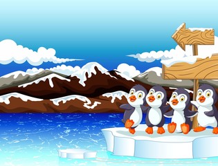 cute four penguins with ice sky landscape background