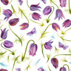 Seamless background pattern with purple Pasqueflower (Pulsatilla) blossoms and butterflies