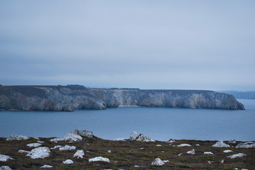 The cliffs of the Brittany in summer with fog