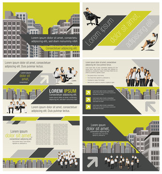 Colorful template for advertising brochure with business people in the city
