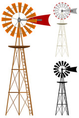 Vector illustration of a windmill in two color variations and silhouette.