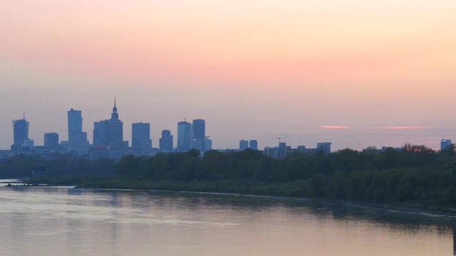 View of the Warsaw city center from the Vistula river at sunset.