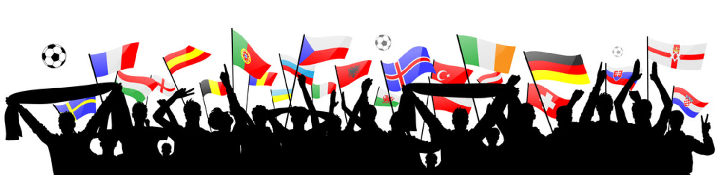 Fußball EM Fans Jubel Silhouette mit Europa Flaggen