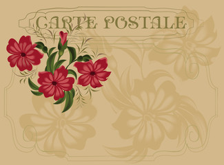 Postcard in vintage style with red flowers.